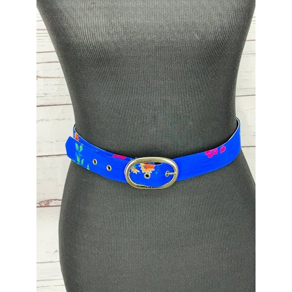 Blue Floral Print Oval Silver Buckle Style Women’s Belt‎ Art Deco Oriental - Picture 9 of 9